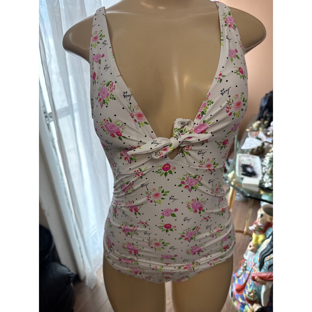Betsey Johnson Floral Polka Dot One Piece‎ Swimsuit White Pink Size M